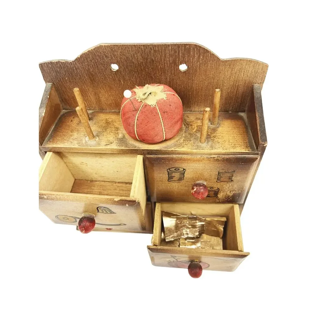 Vintage Nevco Japan Small 4 Drawer Wood Sewing box w Tomato Pin Cushion on Top